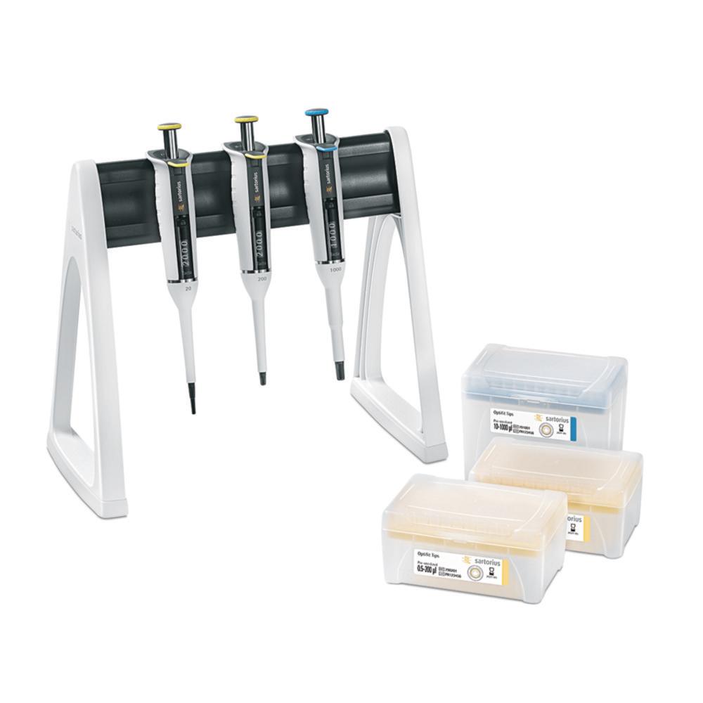 Sartorius Tacta Pipette 3-Pack 20 incl. Linear Stand and Tacta Pipetten: 2-20; 20-200; 100-1000 µl and Sartorius Optifit Tip Tray Box