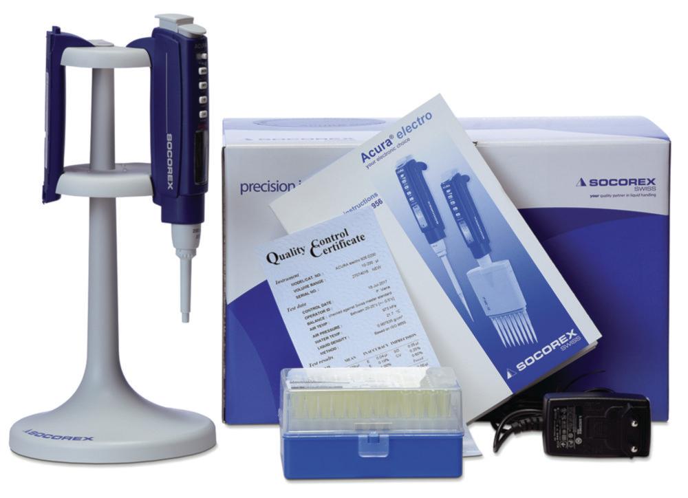 SOCOREX Acura Electro XS 926 Micropipette 0.5–10 µl for Tips 200 µl, Initial Pack with 4.8 V Battery, Charging Station & Replacement Battery