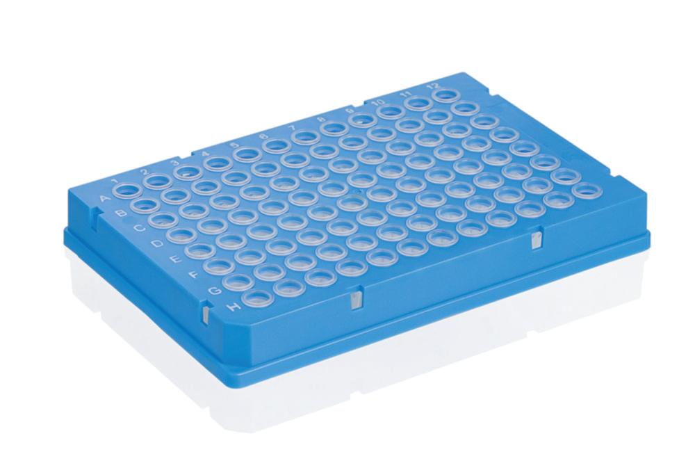 BRAND PCR Plate 96-Well, PC/PP Rigid, Full-Skirted, Clear with Blue Frame, Pack of 50