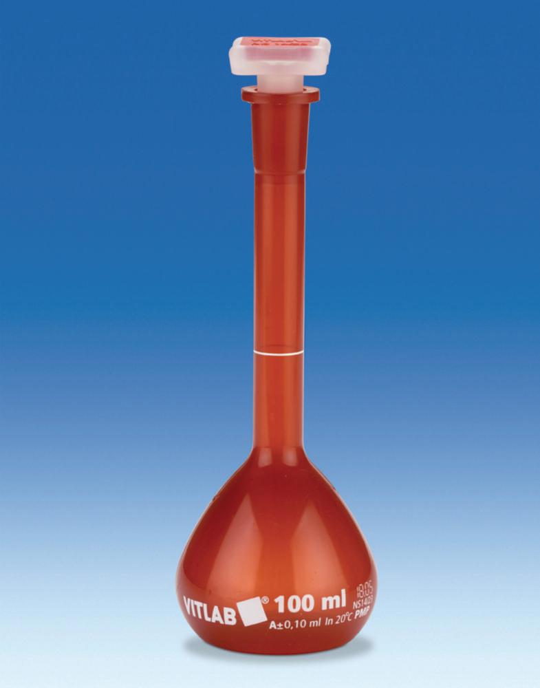 VITLAB Volumetric Flask 500 ml, UV-Protect, PMP Class A, with Stopper NS 19/26 and Batch Certificate