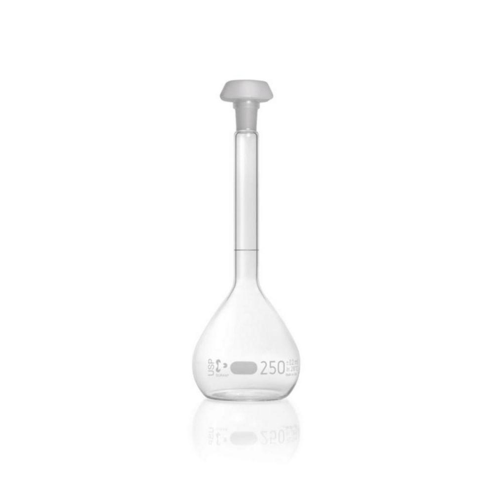 DWK DURAN DURAN Volumetric Flask 250 ml, Class A Blue Graduation, USP Conformity, Individual Certificate, Polyethylene Stopper, NS 14/23