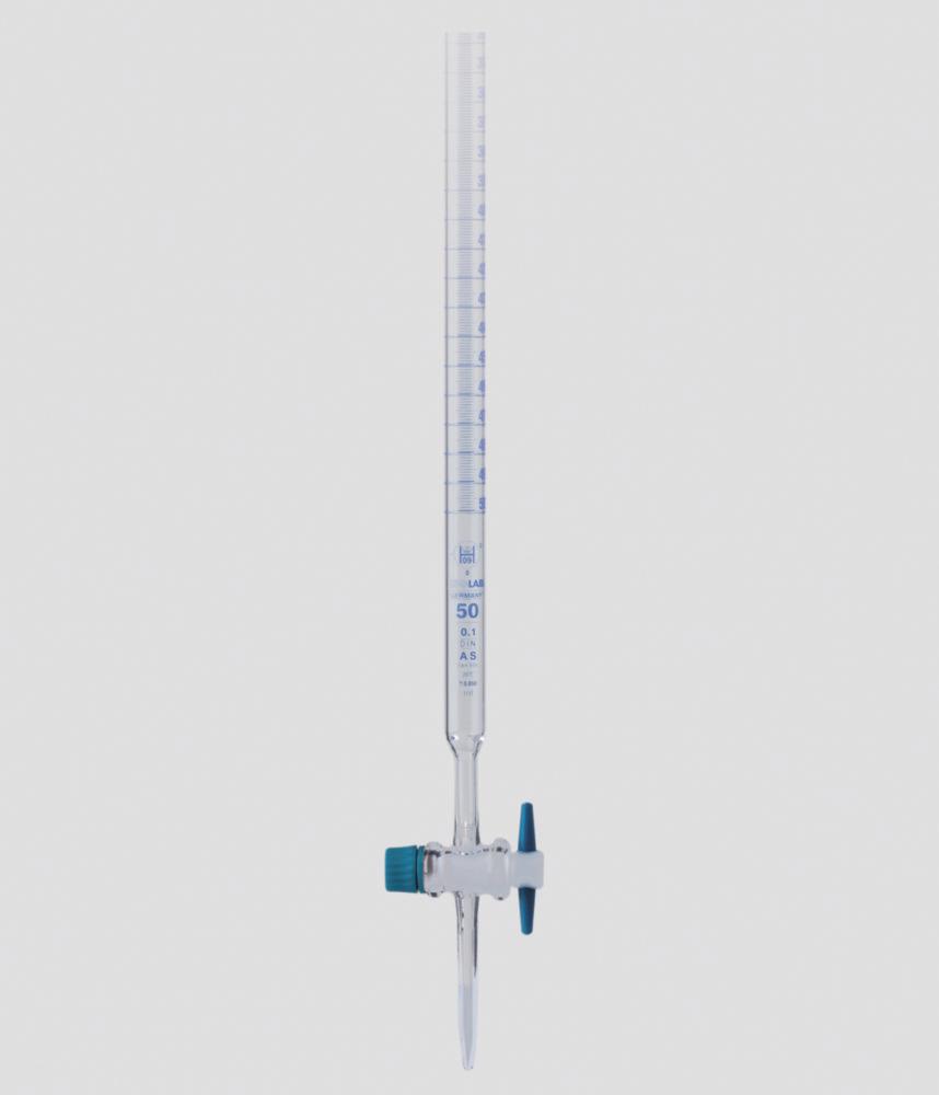 ISOLAB Burette, 25-50 mL, Glass, Class A with PTFE Stopcock, Schellbach Blue Scale, Batch Certified