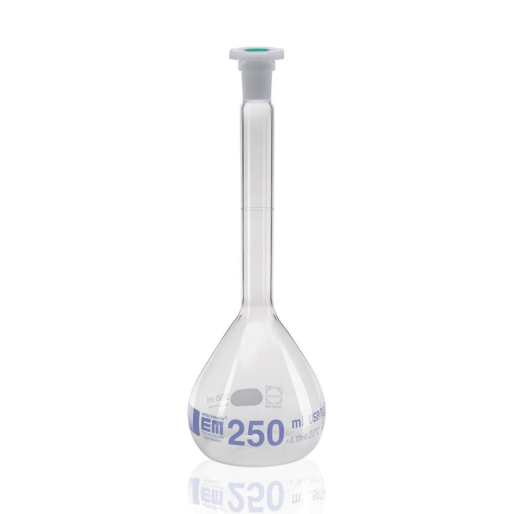 Hirschmann Measuring Flask 250 ml, DURAN, cl.A NS 14/23, with Poly-Stopper Blue Graduated, USP