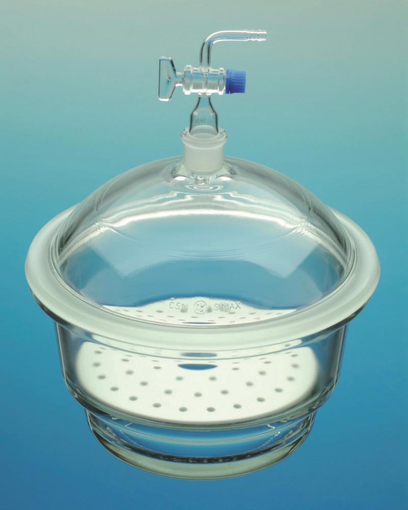 Bohemia Cristal Desiccator with Tubus Ø 150 mm, Stopcock 24/29, Porcelain Plate, Boro 3.3

