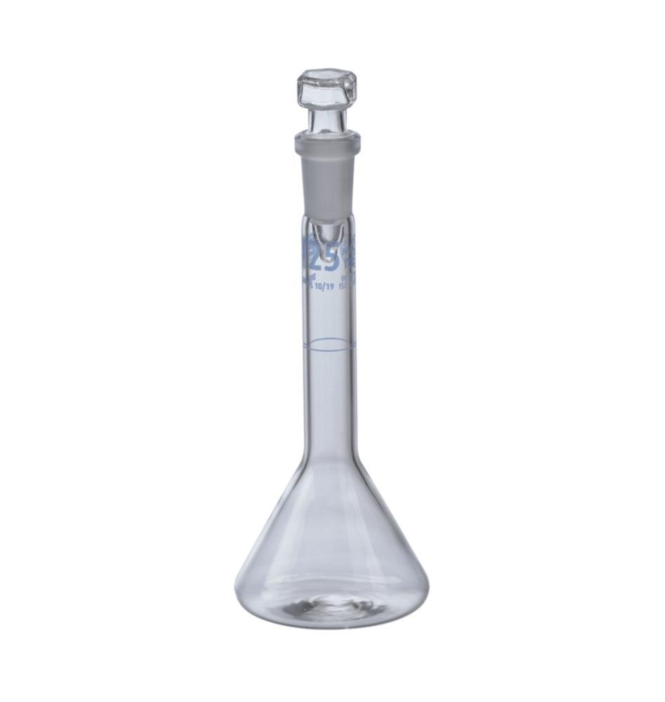 Hirschmann Measuring Flask 25 ml, Cl. A DURAN, NS 10/19, Glass Stopper, Trapeze Shaped, Conformity Certificate