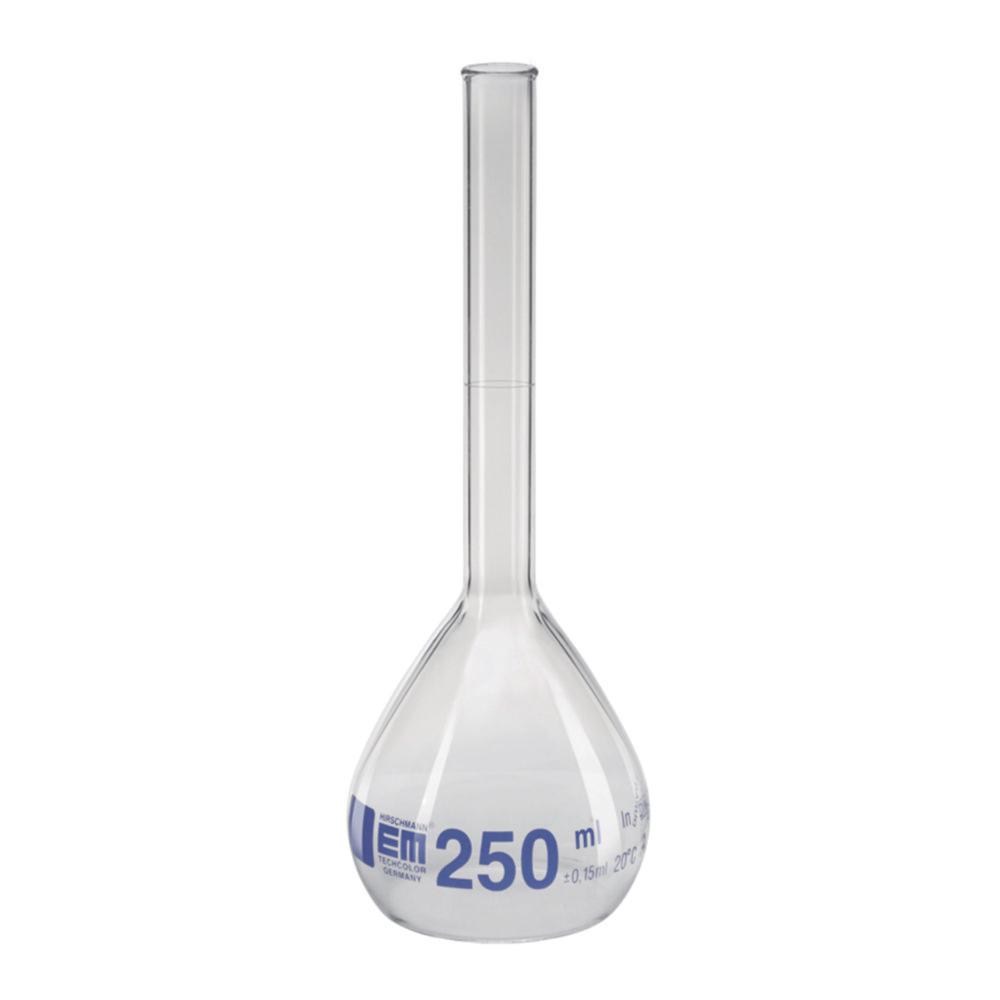 Hirschmann Volumetric Flasks with Rim 200ml, cl.A, DURAN, Blue Grad.