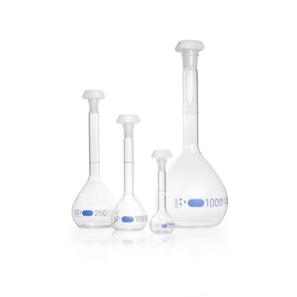 DWK DURAN DURAN Volumetric Flask 5 ml, Class AW Blue Graduation, USP Conformity, Individual Certificate, One Graduation Mark, Polyethylene Stopper, NS 10/19