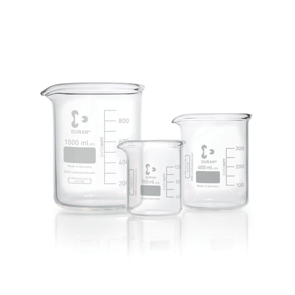 DWK Super Duty Beaker 150 mL, Duran, 60x80 mm, Low Form, with Division and Drain