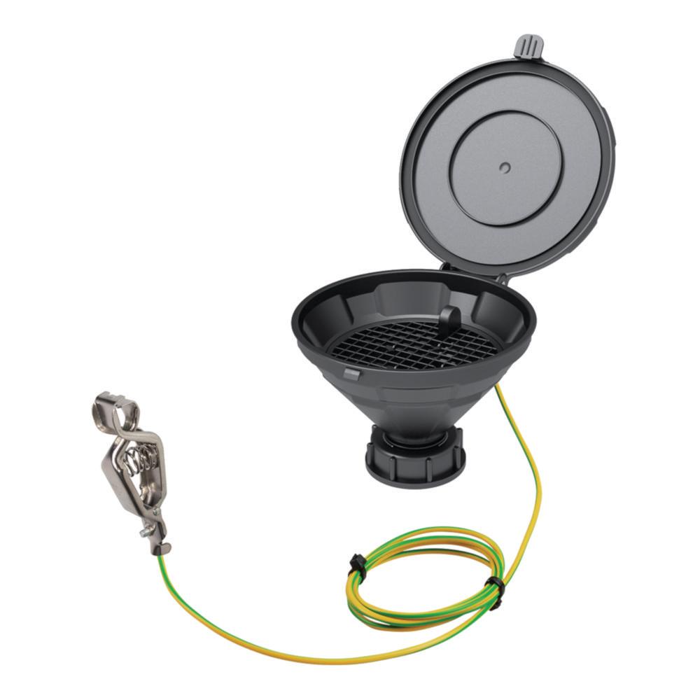 SCAT Funnel with lid "MARCO", V2.0, S55, PE-HD electrostatic conductive, 140 mm, with removable sieve and earthing cable
