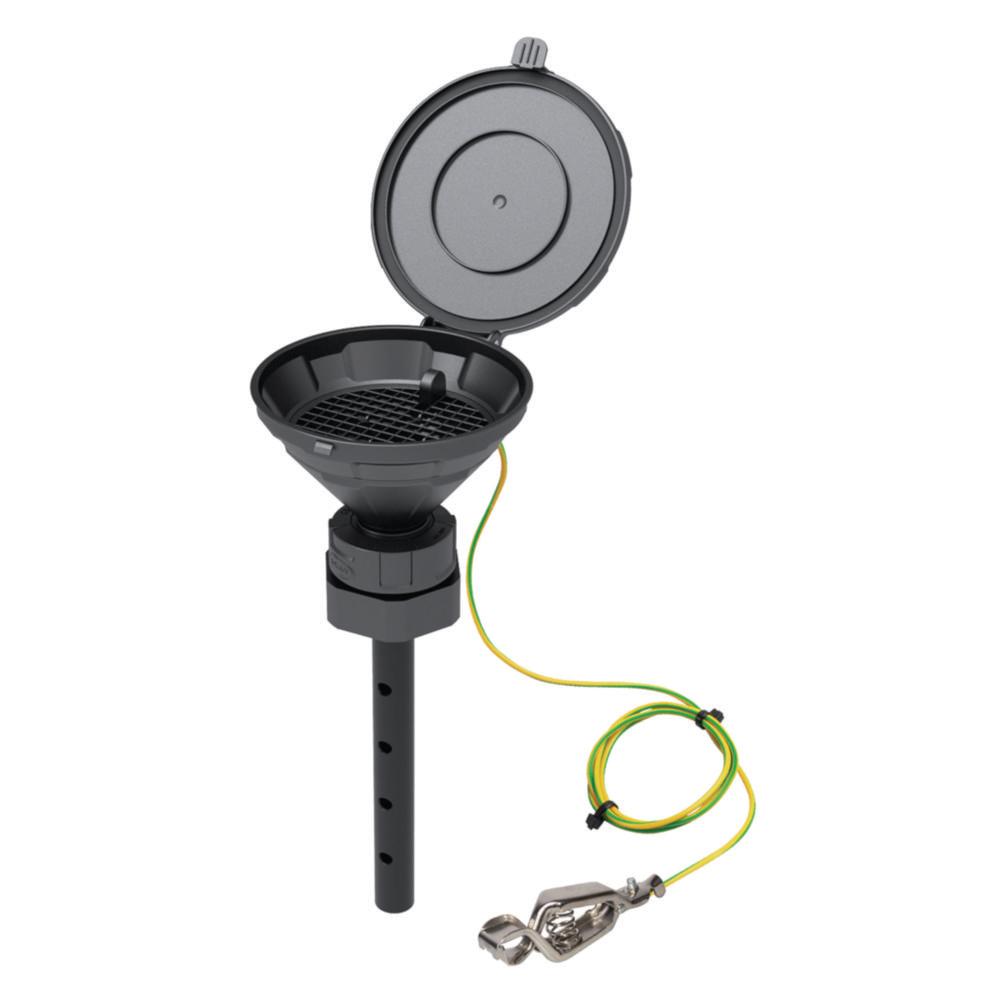 SCAT Funnel with lid "MARCO", V2.0, S65, 140 mm, PE-HD electrostatic conductive, with lance 220 mm, with removable sieve and earthing cable

