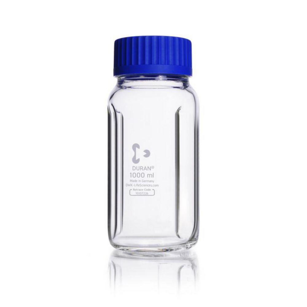 DWK Baffled Wide Mouth Bottle GLS80 1000ml, Clear DURAN, with Graduation, Screw Cap, and Pouring Ring​
