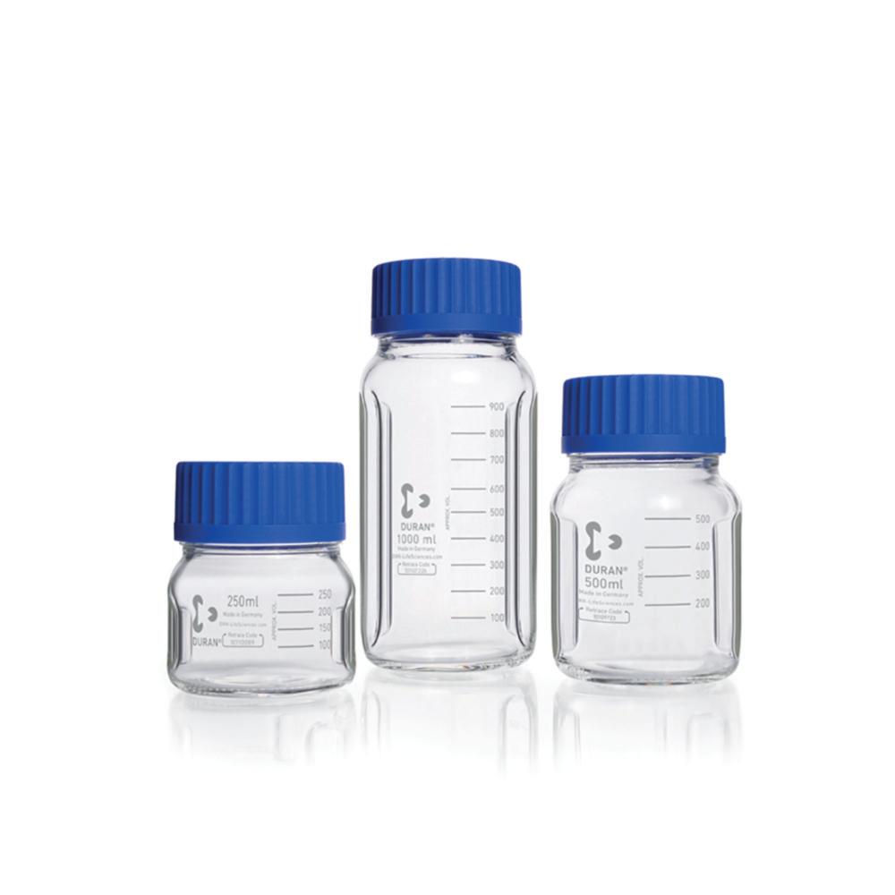 DWK Baffled Wide Mouth Bottle GLS80 250ml, Clear DURAN, with Graduation, Screw Cap, and Pouring Ring​