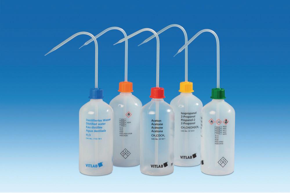 VITLAB Safety Washing Bottle 1000 ml, PP, GL 32, Acetone, VENT CAP

