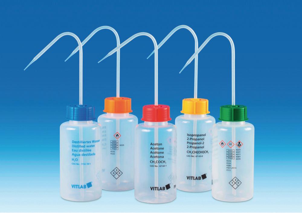 VITLAB Safety Washing Bottle 500 ml Wide Neck, PP, GL 45, Acetone with VENT CAP Screw Connection

