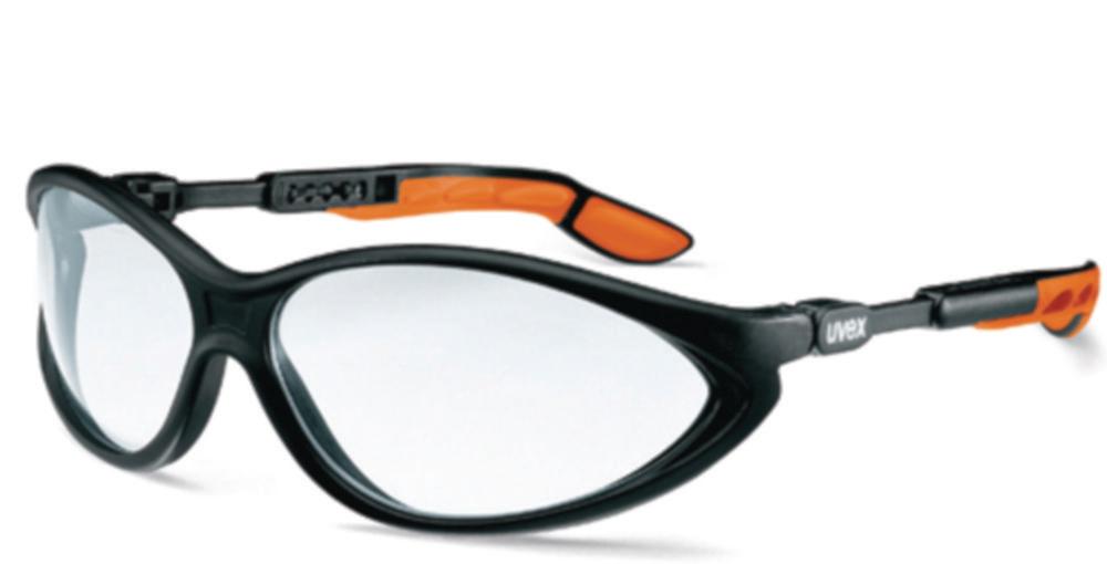 Uvex Cybric 9188 Safety Spectacles, Black/Orange Frame, Clear Lens, UV 2-1.2, Optidur 4C Plus

