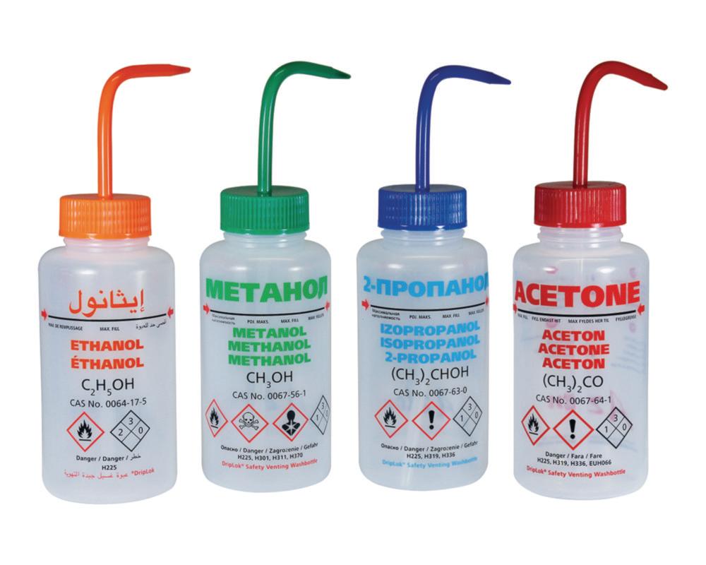 LLG Safety Vented Wash Bottle 500 mL, Acetone, with Pressure Control Valve, LDPE, RU/PL/DE/UK