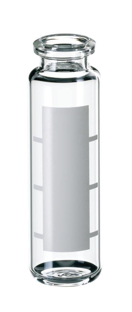 LLG Headspace Crimp Neck Vials N 20, Clear, 20 mL, 23 mm O.D., 75.5 mm Height, Rounded Bottom, Bevelled Top, with Label, Pack of 100