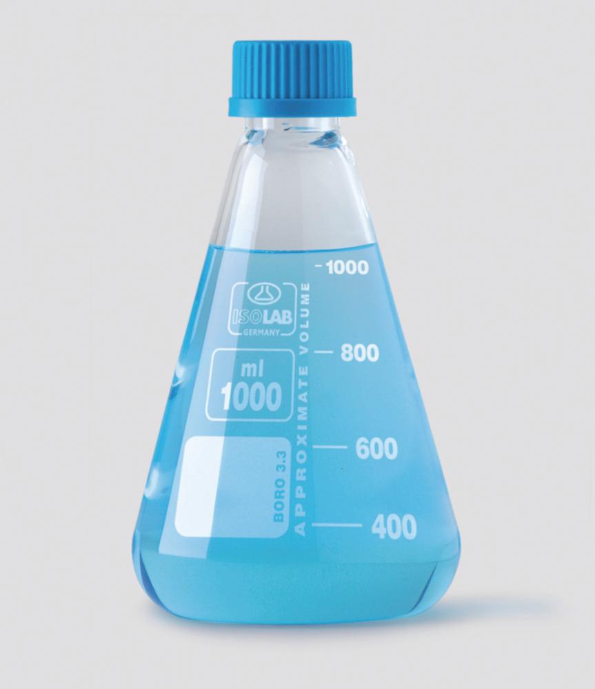 ISOLAB Erlenmeyer Flask, 250 mL, Borosilicate Glass 3.3, White Graduated, with Screw Cap GL32