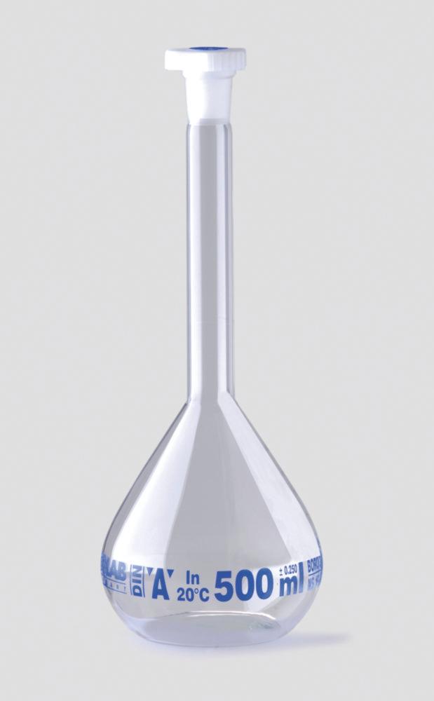 ISOLAB Volumetric Flask 250 mL, Clear Glass, CL A, NS 14/23, PE Stopper, Blue Scale, Batch Certified