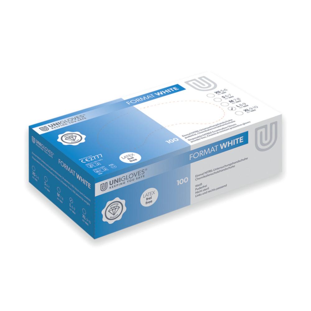 Unigloves Nitrile Gloves Size L 8-9 "FORMAT", White, Non-Sterile, Powder-Free, Beaded Cuff, Pack of 100
