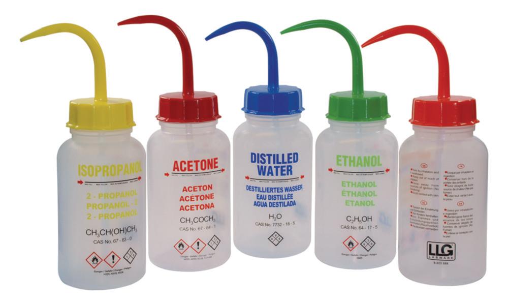 LLG Wash Bottles 500 mL, Wide Neck, with GHS Printing, Methanol, LDPE, Pack of 10