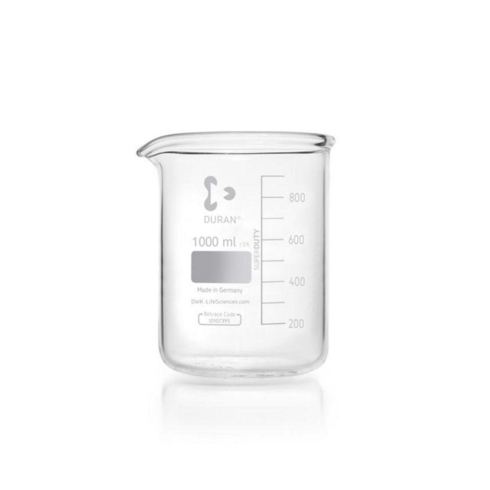 DWK Super Duty Beaker 1000 mL, Duran, 105x145 mm, Low Form, with Division and Drain