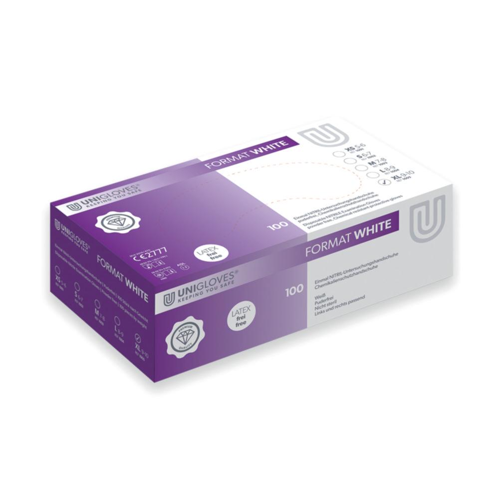 Unigloves Nitrile Gloves Size XL 9-10 "FORMAT", White, Non-Sterile, Powder-Free, Beaded Cuff, Pack of 100