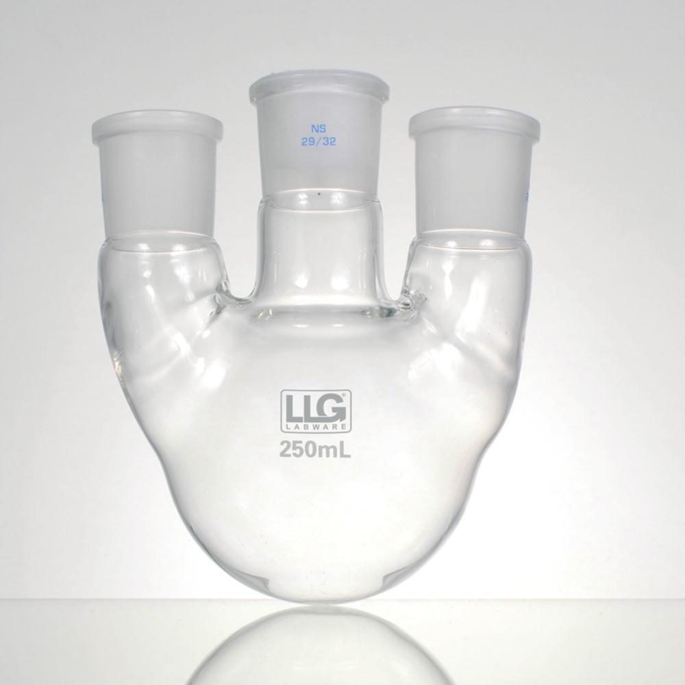 LLG Three Neck Round Bottom Flask, 500 mL, Parallel Side Necks, CN NS 29/32, SN 2x NS 14/23, Parallel, Boro 3.3