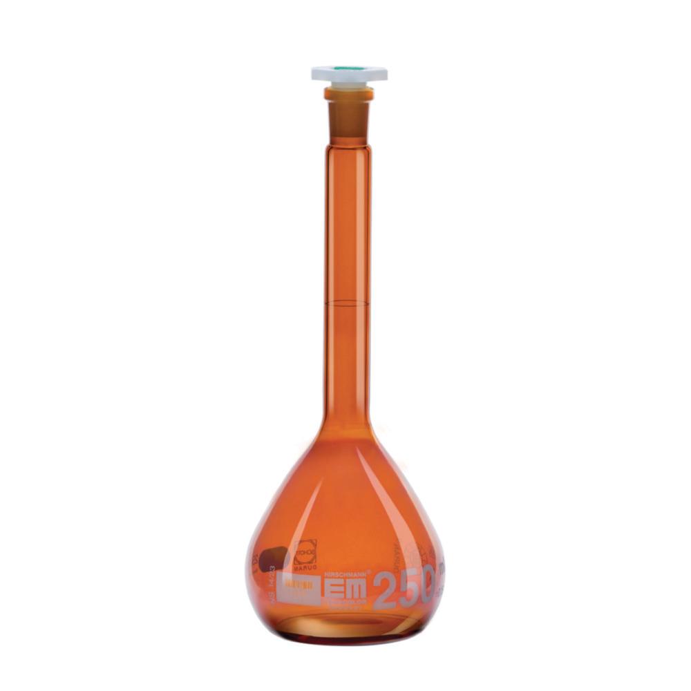 Hirschmann Laborgeräte Volumetric Flask 100ml Class A Amber DURAN, NS 14/23, with PE Stopper, White Graduation
