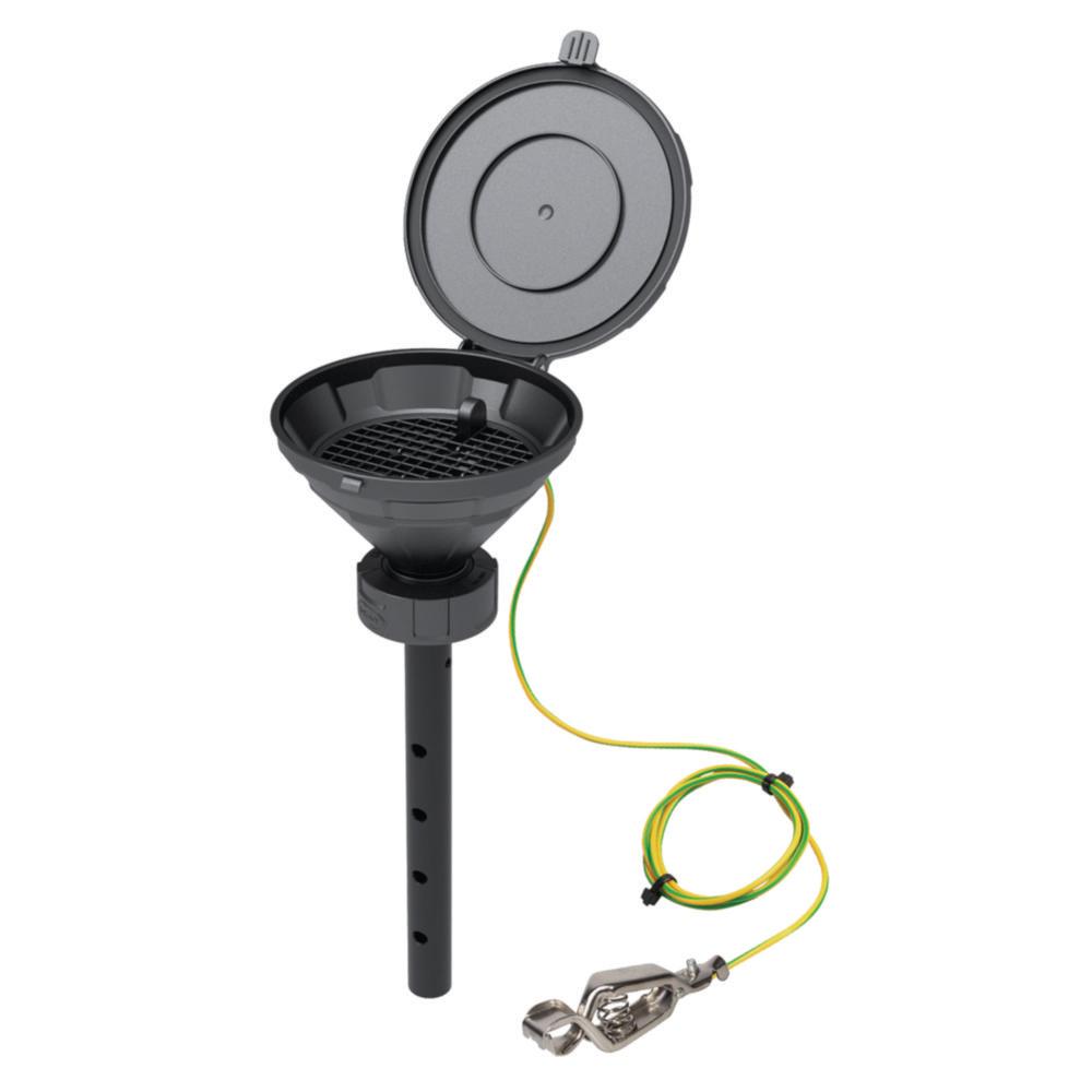 SCAT Funnel with lid "MARCO", V2.0, S60/61, 140 mm PE-HD electrostatic conductive, with lance 220 mm, with removable sieve and earthing cable

