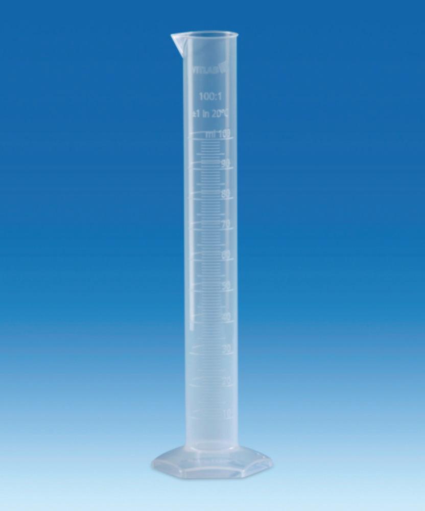 VITLAB Measuring Cylinder 100 ml, PP, Tall Form, Class B, Moulded Graduation