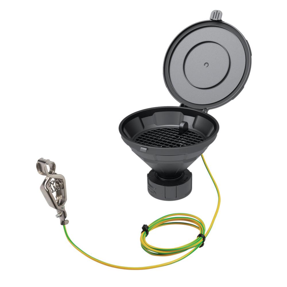 SCAT Funnel with lid "MARCO", V2.0, S60/61, PE-HD electrostatic conductive, Ø 140 mm, with removable sieve and earthing cable

