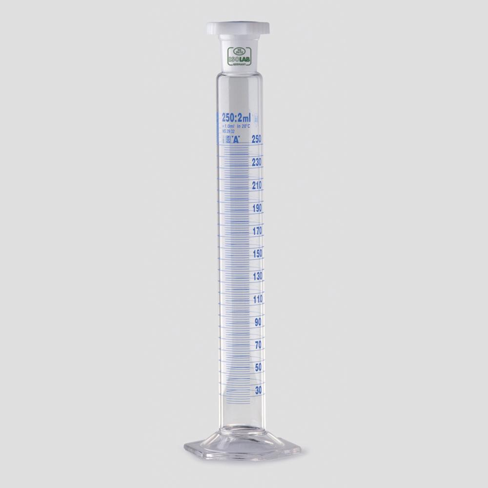 ISOLAB Mixing Cylinder 25 mL Tall Form Glass Class A with PP Stopper Blue Scale Batch Certified