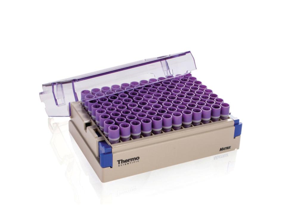 Thermo Matrix Tubes 500 µL Clear with 2D Barcode and Purple Screw Cap in Latch Box, Pack of 5×96