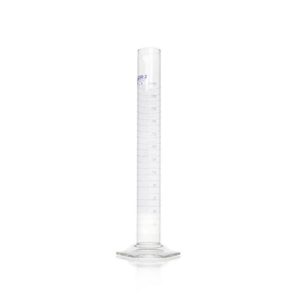 DWK DURAN DURAN Measuring Cylinder 250 ml, Class A, Batch Certificate, Blue Graduation, Main Points Ring Graduation, Hexagonal Base
