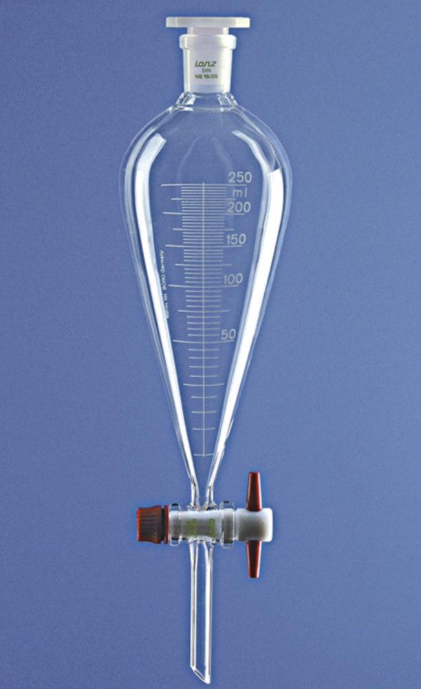 Lenz-Laborglas Squibb Separating Funnel 1000 mL Borosilicate Glass 3.3 Graduated with PTFE Plug NS 29/32 and PE Stopper