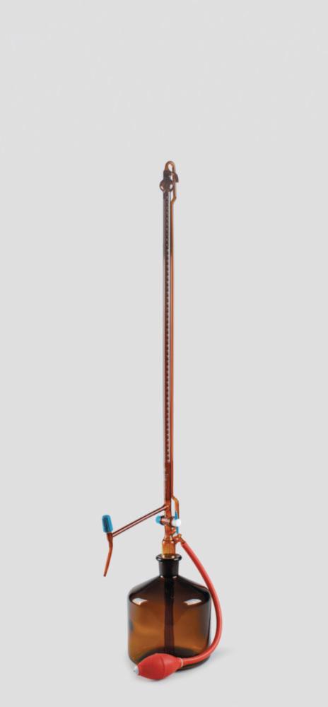 ISOLAB Automatic Burette 10:0.02 mL, Amber Glass, Class AS, White Graduation, Glass Stopcock & PTFE Valve, Batch Certified