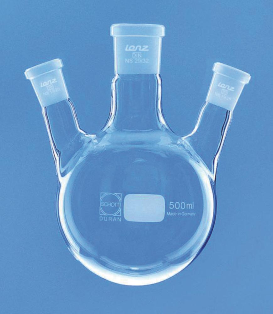 Lenz-Laborglas Round-Bottom Flask 500 ml Three-neck, Side Necks Angled, Center Neck NS 29/32, Side Neck NS 19/26

