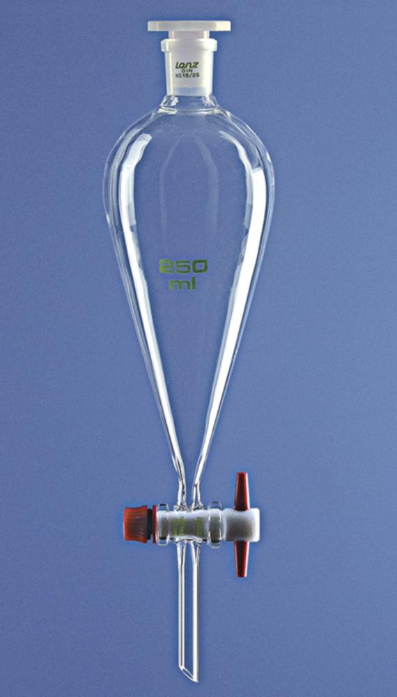 Lenz-Laborglas Separating Funnel 250 ml, Acc. to Squibb, Borosilicate Glass 3.3, Ungraduated, PTFE Plug, NS 29/32, with NS-PE Stopper

