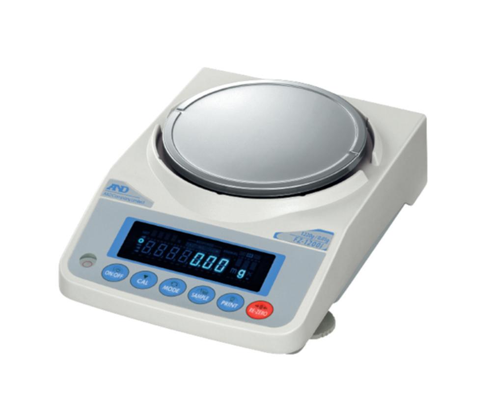 A&D FZ-1200i-WP-EC Precision Balance, Capacity 1,200 g / Readability 0.01 g, IP65, Internal Calibration, Weighing Plate 130 mm Ø