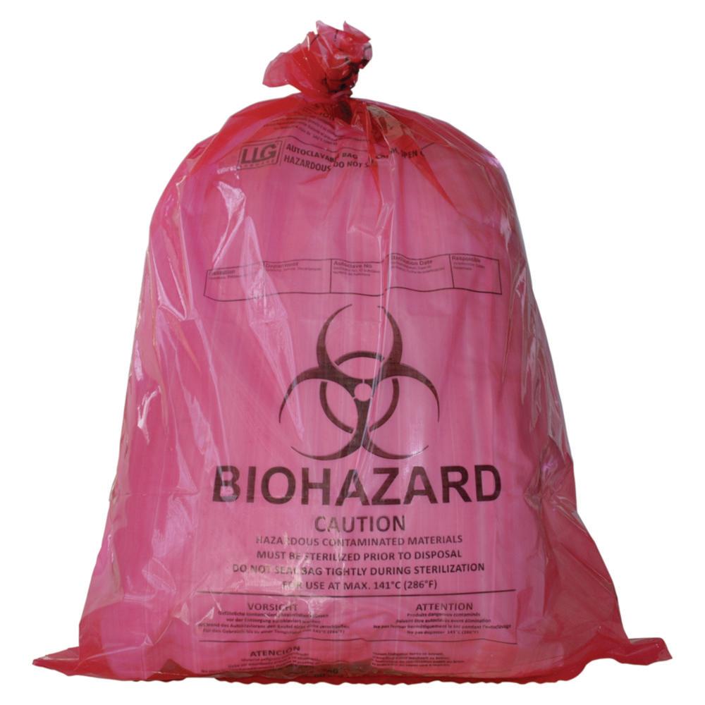 LLG Autoclavable Bags 910x1150mm, PP Red 50µm with Biohazard Printing and Sterilization Indicator, Pack of 100