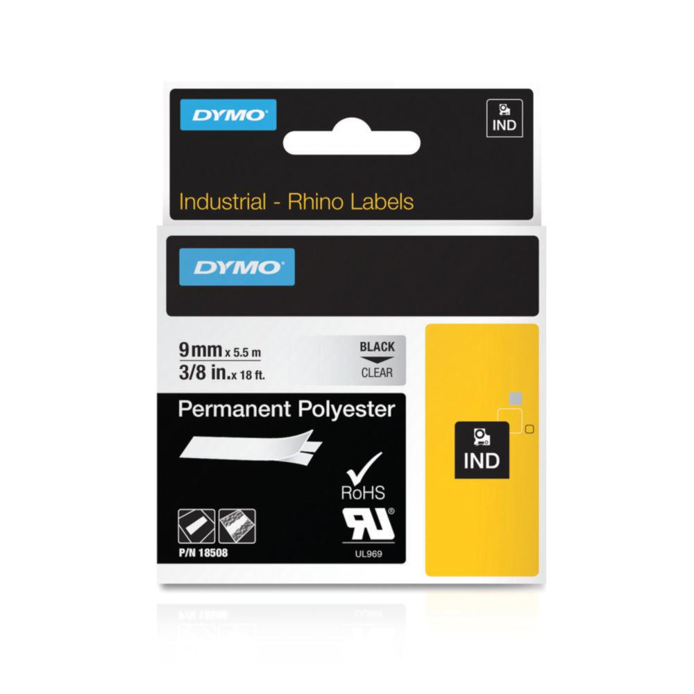 Dymo Original Ind. Tape for Rhino (9mm x 5.5m, Permanent, Polyester, Black on Clear)

