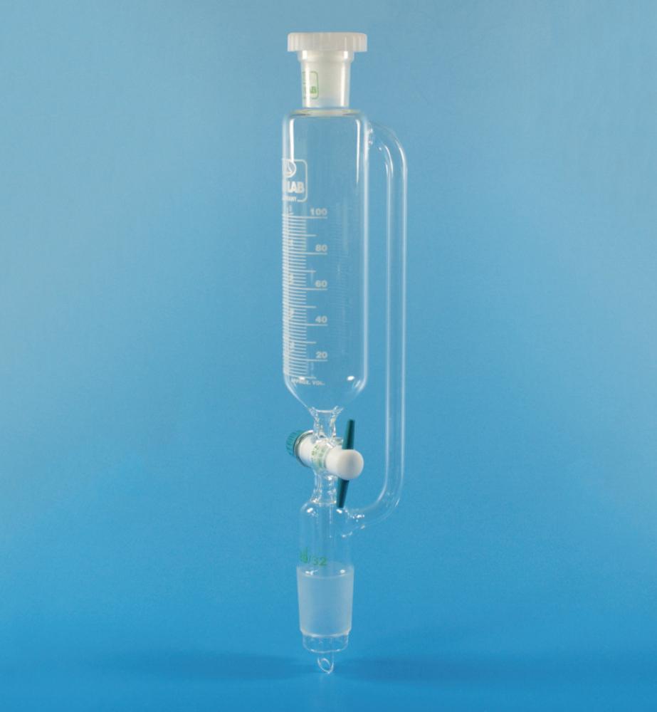 ISOLAB Dropping Funnel 100 mL Cylindrical PTFE Stopcock NS 19/26 with Relief Tube Graduated Boro 3.3 DIN 12242