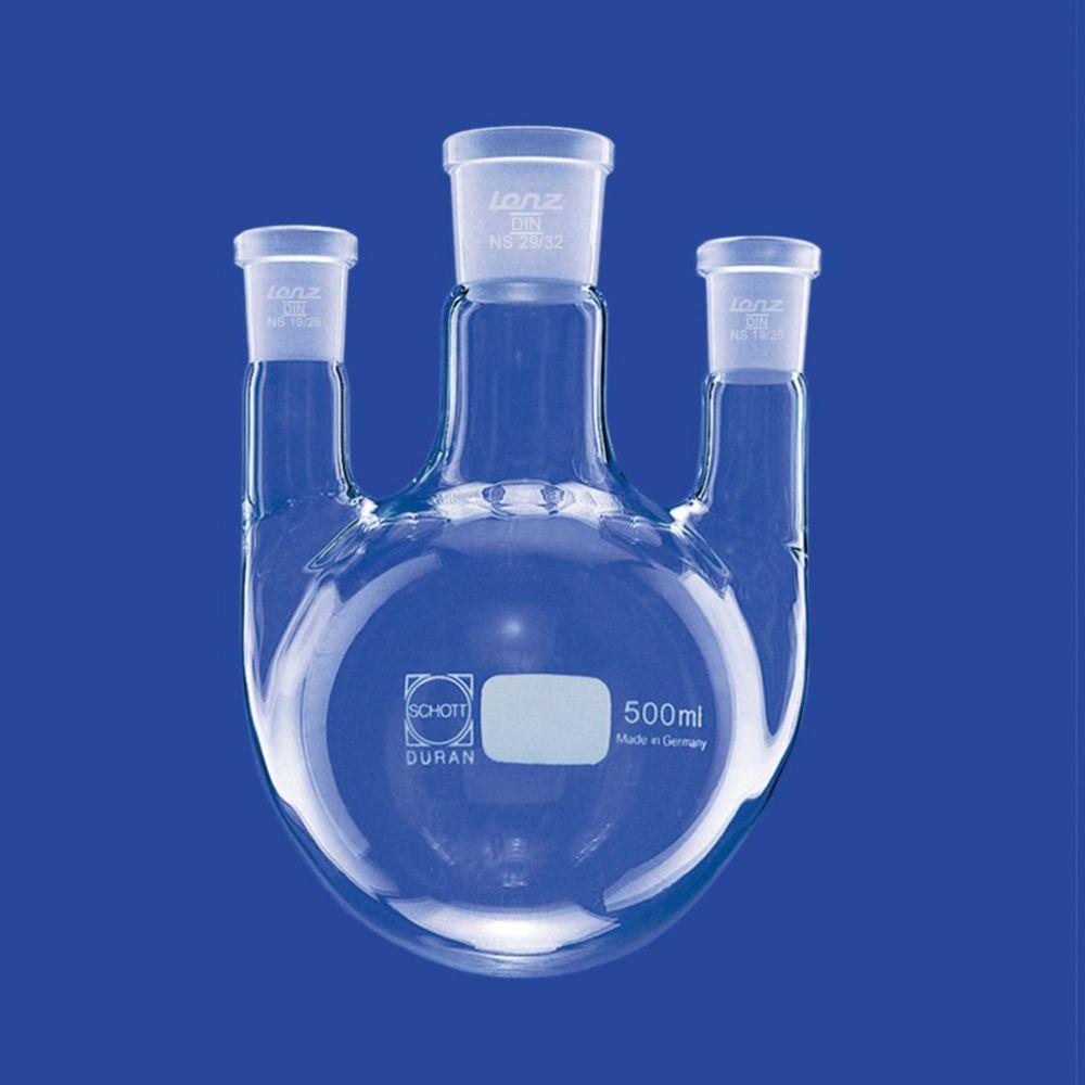Lenz-Laborglas Round-bottom Flasks, Three-neck, Side Necks Parallel, C. Neck NS 29/32 Side Neck NS 19/26

