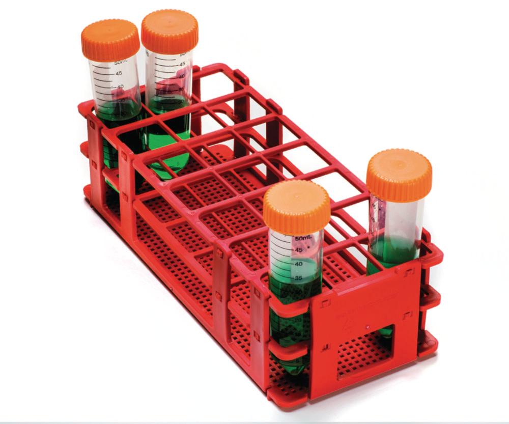 Bel-Art Test Tube Rack 21 Places, D: 30 mm, 3 x 7, Red, Autoclavable