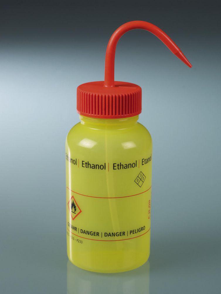 Bürkle Wide-Neck Wash Bottle 500 ml, LDPE, "ethanol", Orange Closure, LaboPlast