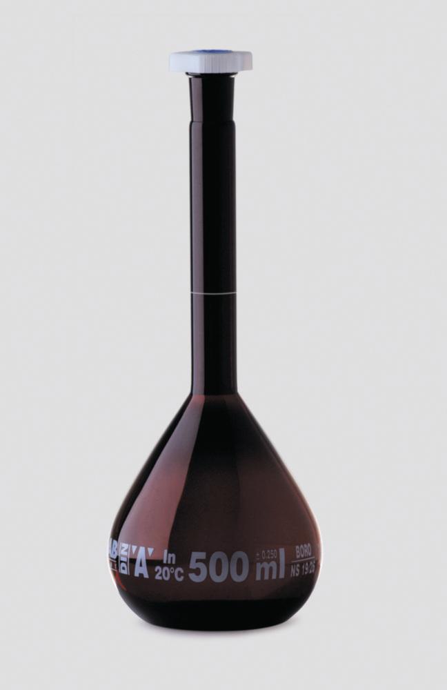 ISOLAB Volumetric Flask 10 mL, Amber Glass, Class A, NS 10/19, PE Stopper, White Scale, Batch Certified