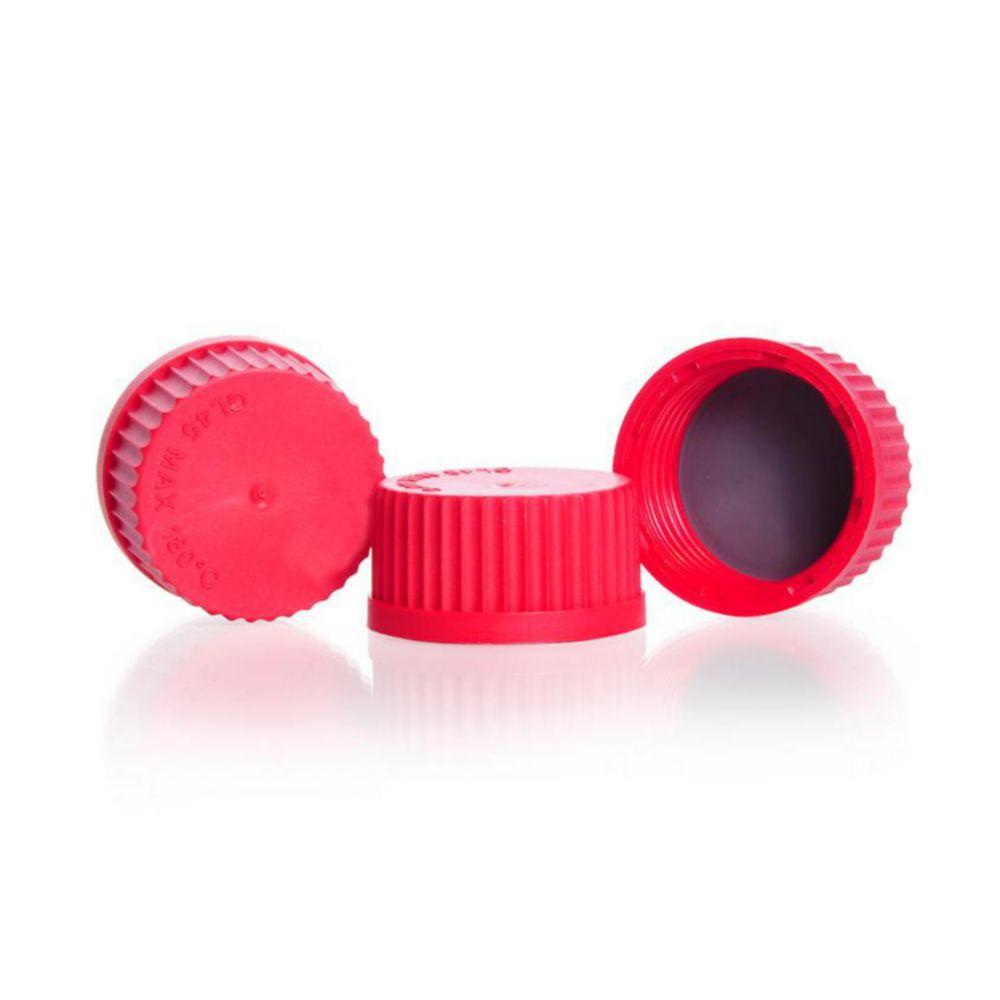 DWK DURAN Screw Caps, PBT Red with PTFE Coated Seal, GL45, Pack of 10