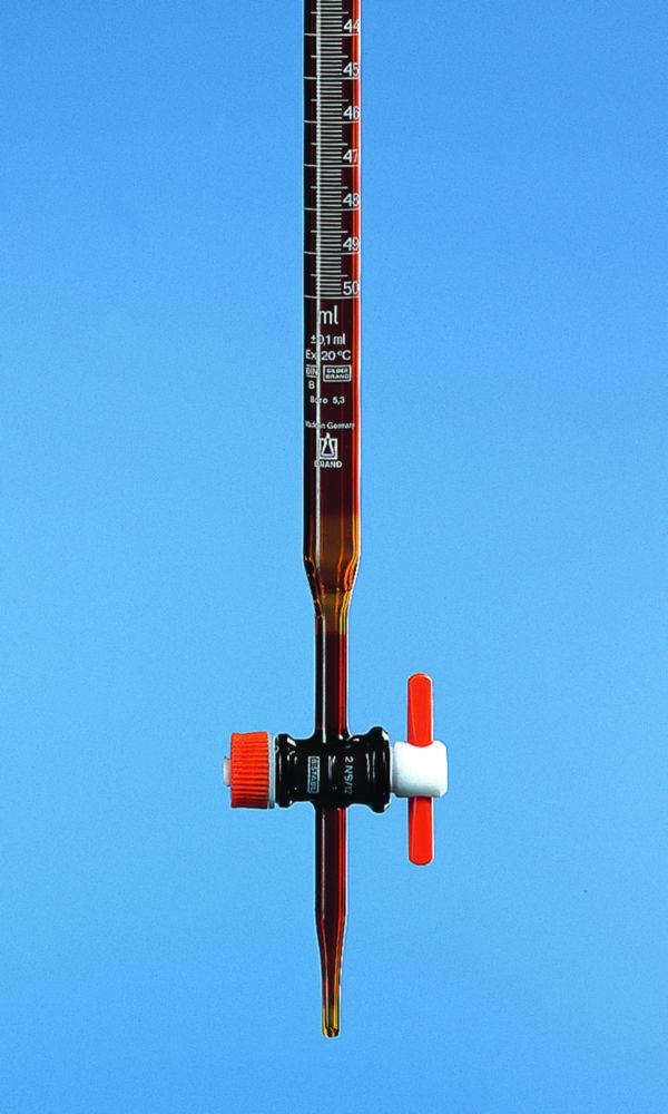 Burette 50:0, 1 ml, amber glass SILBERBRAND, straight NS-glass tap, PTFE-plugs, pack of 2