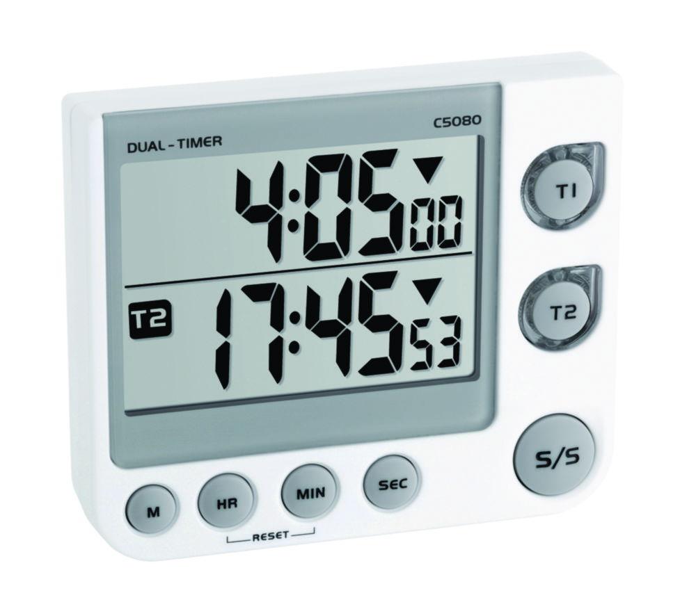 TFA Dostmann Electronic Dual Timer and Stopwatch, White, Memory Function, LED Warning Light, Magnet Stand, and Attachment Eye